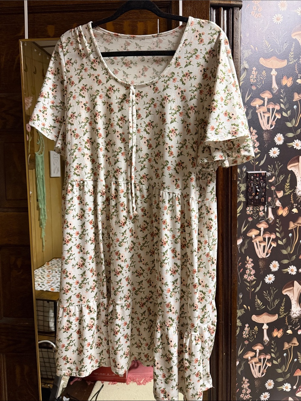 Floral Tiered Short Sleeve Smock Dress - Cream with Pink & Green Roses